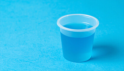 Small plastic measuring cup with liquid.