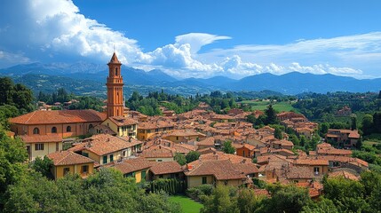Fototapeta premium Italian Village Panoramic View with Church and Mountains