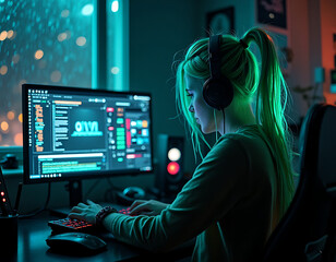 Young woman with headphones programming on her computer at night with neon colors