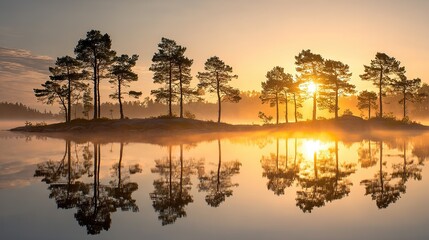 Naklejka premium Tranquil sunrise over misty lake reflecting trees and sky, capturing ethereal beauty and serene early morning atmosphere for contemplation.