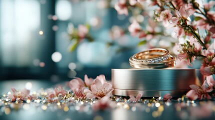 Two beautifully crafted wedding rings sit gracefully among delicate pink cherry blossoms, symbolizing love, unity, and the beauty of commitment captured in a romantic setting.