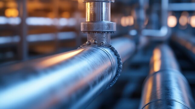 Close-up of intricate industrial pipework featuring metallic pipelines and fittings, showcasing the engineering and functionality within a modern industrial facility.