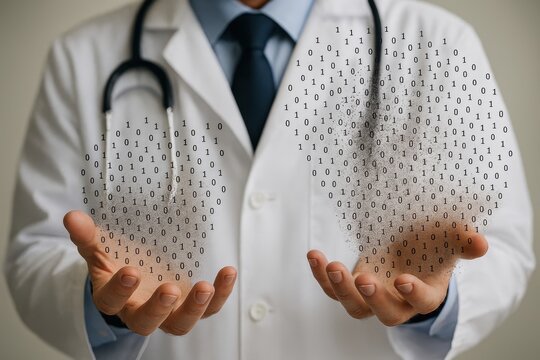 Disruption in healthcare: doctor's hands disintegrate as artificial intelligence transforms medical practice