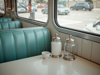 Napkin dispensers and sugar pourers atop teal diner booth