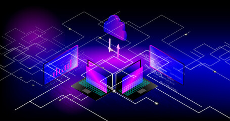 The concept of cloud technology work together with  technology to help send and receive information through maximum efficiency,Vector illustration fantastic style,Cloud technology concept