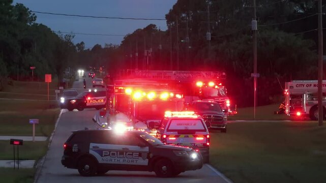 Emergency fire trucks at the scene. Investigation of carbon monoxide gas hazard at residential house in Florida, USA. Bright flashing lights at night.