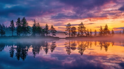 Obraz premium Tranquil sunrise over misty lake reflecting trees and sky, capturing ethereal beauty and serene early morning atmosphere for contemplation.