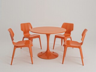 Orange fiberglass chairs with pedestal table in circular layout