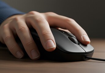 A hand rests on a sleek, matte black computer mouse, positioned on a wooden desk.