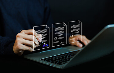Businessman signing electronic document on digital document. Electronic signature concept....