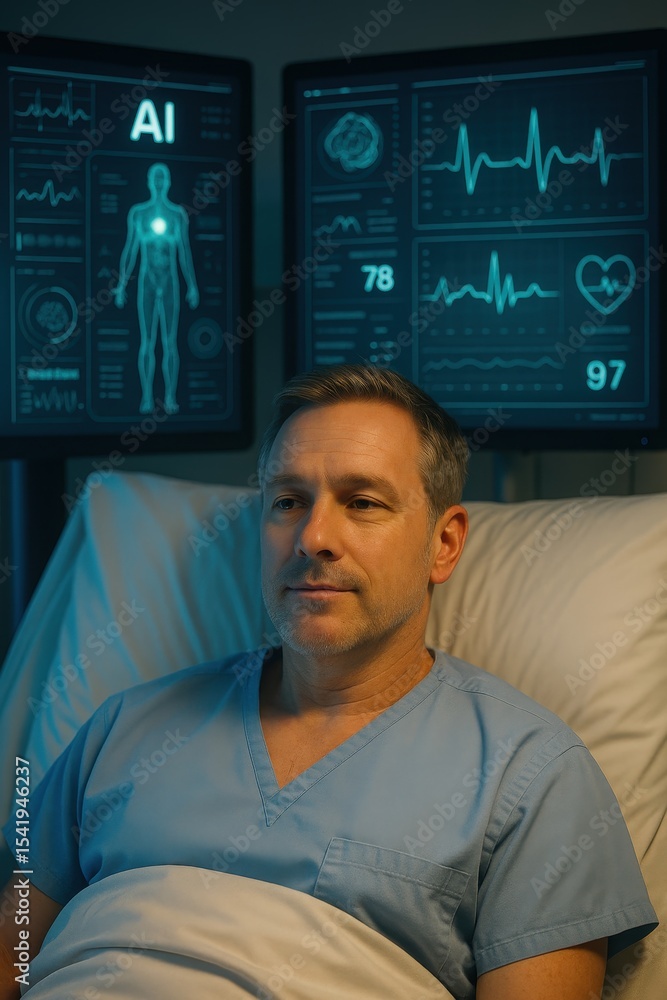 Poster artificial intelligence influences patient care within a healthcare environment as soft-glowing moni