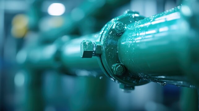 A detailed close-up of a vibrant green industrial pipe, showcasing the precision of engineering and manufacturing, featuring droplets of water, evoking a sense of functionality.
