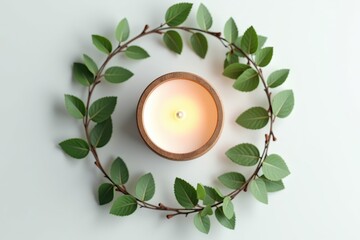 A burning Christmas candle with holly decorations casts a warm light on a dark green background, perfect for holiday celebration