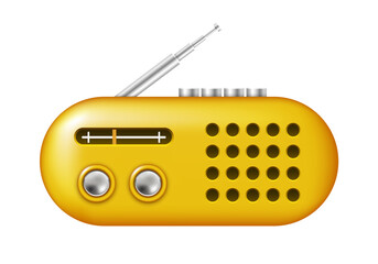 Retro radio icon. Yellow radio. Vector 3D clipart isolated on white background.