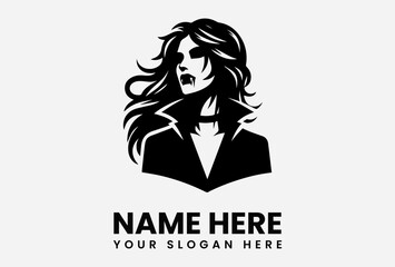 Vampire woman with flowing hair, bared fangs, and a dark coat, presented as a logo or graphic design.