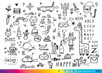 Collection of hand drawn cute doodles,Doodle children drawing,Sketch set of drawings in child style,Funny Doodle Hand Drawn,Page for coloring, cute animal hand drawn, cute Doodle