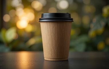 Brown paper coffee cup on dark table with bokeh background