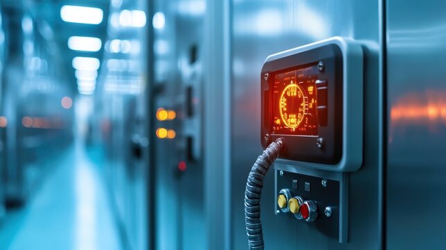 A close-up view of a digital control panel shows a bright LED display surrounded by buttons and features, emphasizing technology and precision in monitoring systems.