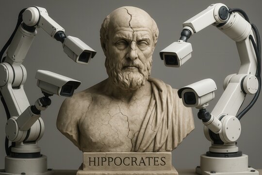 Statue of Hippocrates cracked and surrounded by robotic arms and surveillance cameras in a modern reflection on AI's impact on healthcare