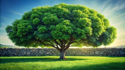 Fototapeta premium A Majestic Oak Tree in a Green Field with a Stone Wall