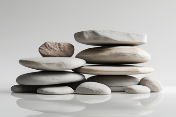 Balanced zen stones on white, a harmonious stack of pebbles symbolizing peace and relaxation