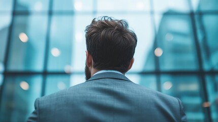 A focused businessman in a gray suit looks towards a modern building, symbolizing ambition and progress, with a sleek and professional demeanor embodying the corporate spirit.