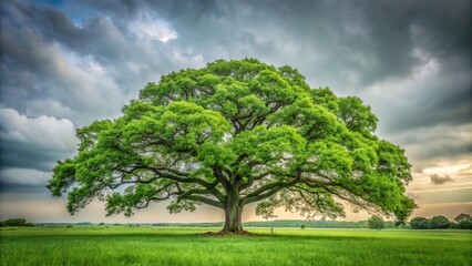 Obraz premium Majestic Oak Tree in a Green Field Under a Cloudy Sky