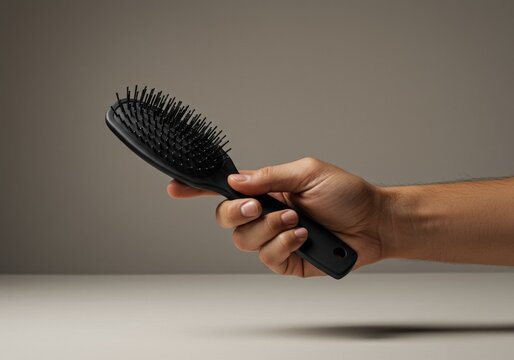 A hand holds a simple black hairbrush with soft bristles, against a muted grey background.