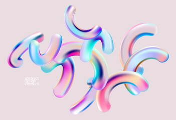 3D glass geometric shapes on light background. Colorful transparent arches and wavy lines.