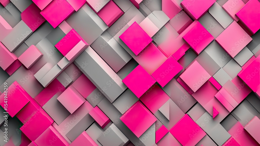 Poster abstract geometric pattern of interlocking squares and rectangles in vibrant pink and grey