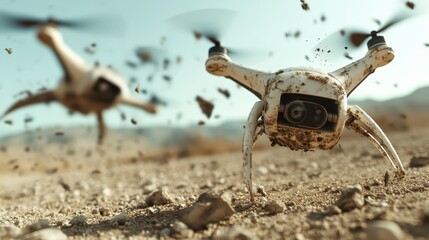 Two drones take flight over a rocky landscape, embodying advanced technology and exploration as they capture breathtaking views from above an arid, rugged setting.