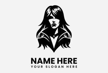 Stylized black and white logo of a female vampire, featuring a biker jacket and long hair.