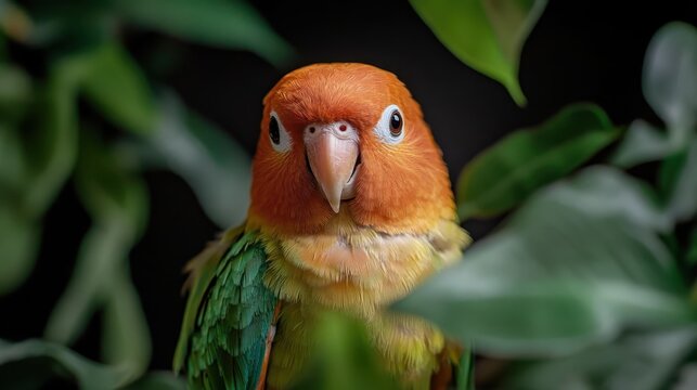A close-up of a vivid orange and green parrot, nestled within rich foliage, showcasing the beauty of wildlife and the vibrant colors of nature in this enchanting frame.