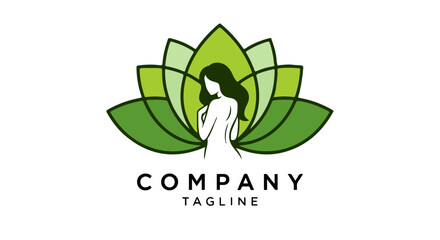 Minimalist Logo with Stylized Green Lotus Flower and Feminine Silhouette in Dark Green Sans-Serif Typography on White Background