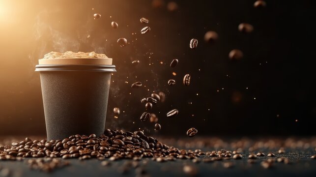A cup of steaming coffee surrounded by coffee beans captures the essence of freshness and warmth, showcasing the delightful experience of enjoying a beverage.