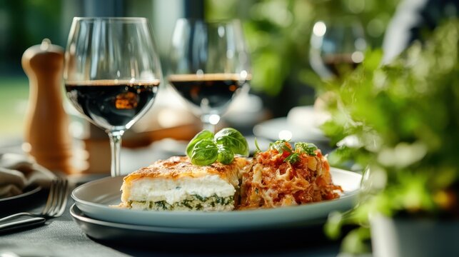 An appetizing plate of lasagna is beautifully presented alongside two glasses of red wine, epitomizing a cozy dining experience that invites indulgence and culinary delight.