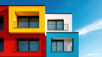 Fototapeta premium A striking modern building features vibrant colored façades of yellow, red, blue, and white, showcasing contemporary architectural design that inspires creativity and innovation.