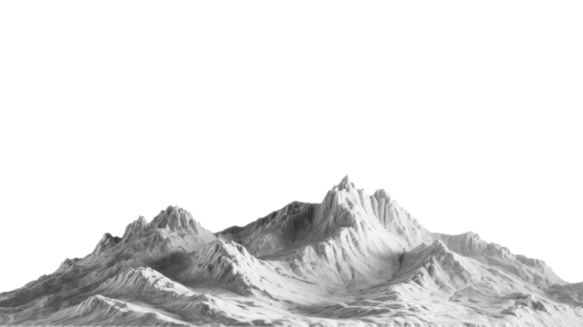 Realistic grayscale mountain range with jagged peaks and detailed rocky slopes shaded with soft shadows, isolated transparent background