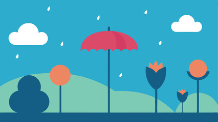 Fototapeta premium Colorful cartoon landscape depicting rain clouds umbrella and stylized flowers on transparency