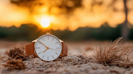 A stylish watch rests on sandy terrain during a sunset, symbolizing the passage of time in a beautiful natural setting, merging elegance with the serenity of dusk.