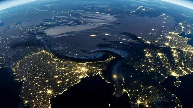 Nighttime view of Earth showcasing the illuminated cities and countries of Asia.