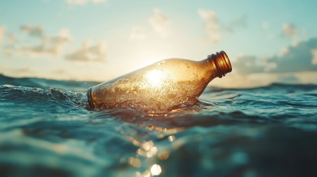 A glass bottle glides atop ocean waves during a breathtaking sunset, representing nature's beauty and the pollution challenges faced by our environment.