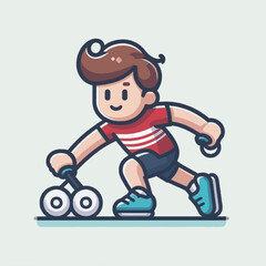 A cartoon boy with brown hair and a striped shirt races with a toy