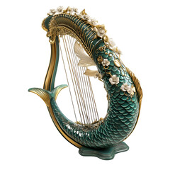 Elegant Teal Gold Harp Shaped Like a Fish Musical Instrument Decor