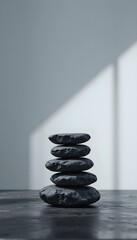 Stack of dark grey stones on dark wooden surface