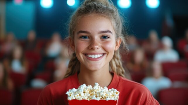 A young girl with a joyful smile holds a bucket of popcorn inside a cinema, illustrating excitement and happiness in a movie-watching experience with friends or family. - Powered by Adobe