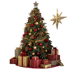 Decorated christmas tree with gifts isolated on transparent background