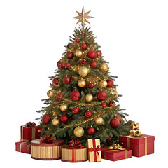 Decorated christmas tree with gifts isolated on transparent background