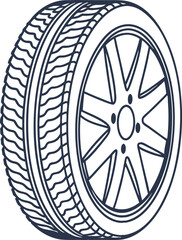 Obraz premium Automobile tire illustration with detailed tread pattern and alloy wheel car part, transportation, maintenance concept