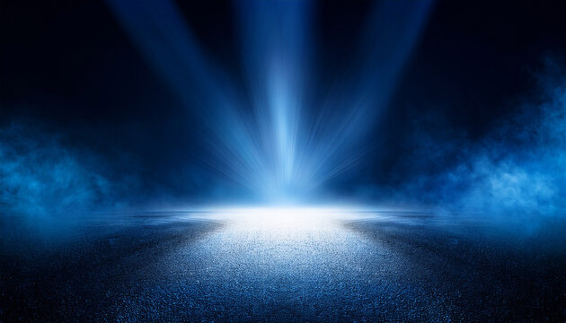 rays spotlights light empty dark scene with blue light asphalt blue dark street with smoke
